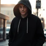 Model trägt einen angesagten streetwear hoodie mit einzigartigem Design auf der Straße.