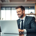 Professioneller Personalvermittler arbeitet mit Lebensläufen zur Personalvermittlung am Laptop in modernem Büro.