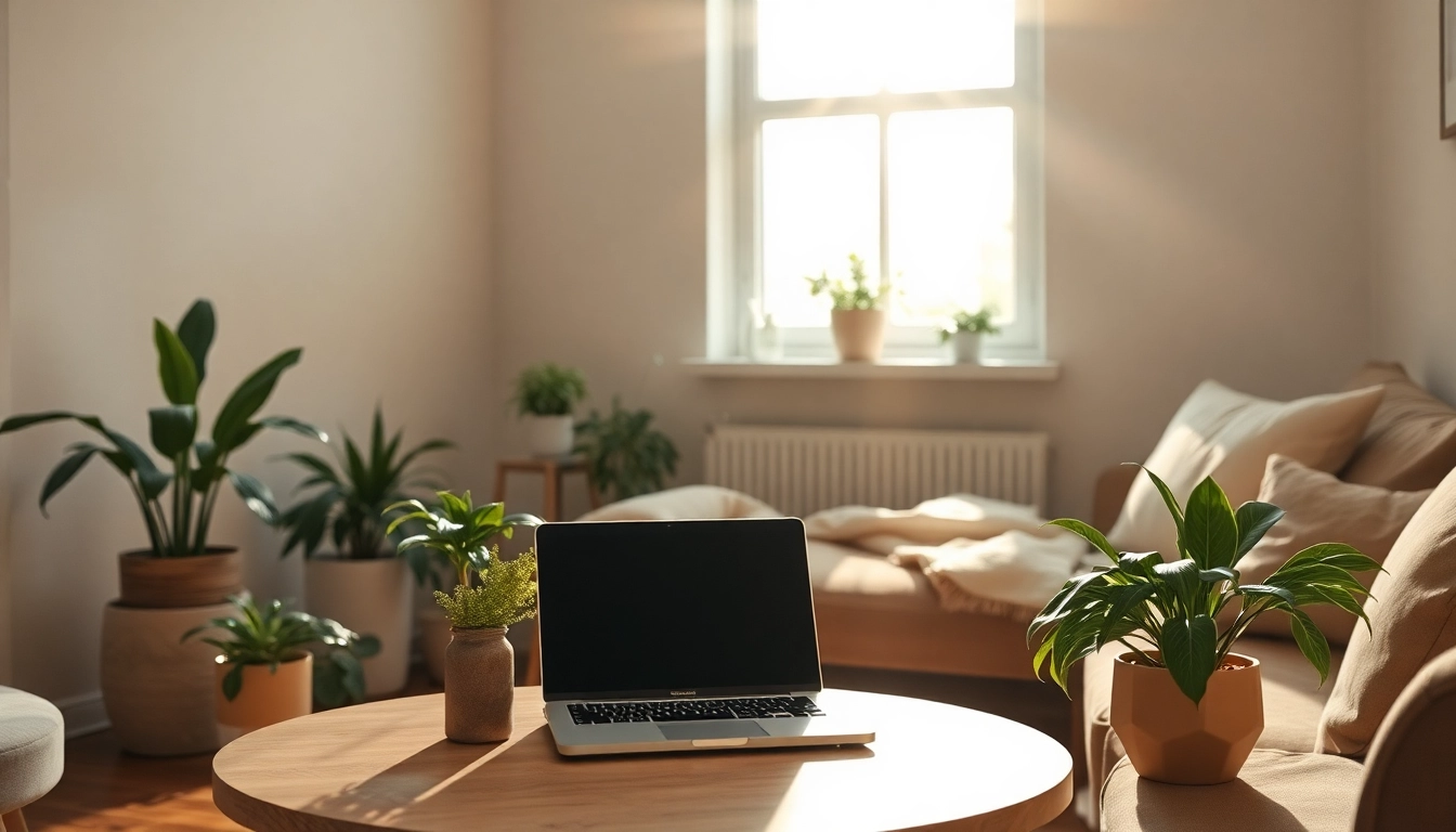 Online Ratgeber: Entdecken Sie praktische Tipps im hellen Wohnambiente mit Laptop und Pflanzen.
