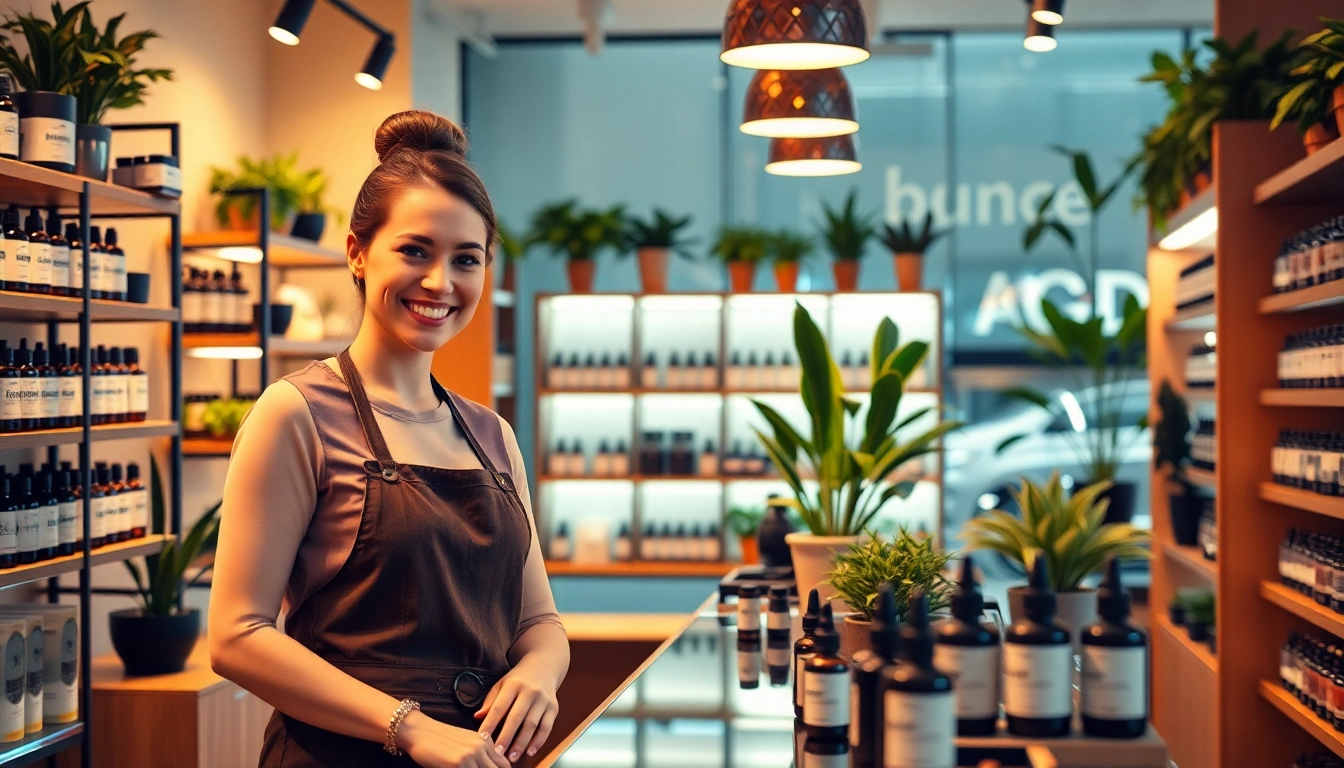 CBD-Shop in Zürich zeigt freundliche Mitarbeiterin, die hochwertige CBD-Produkte präsentiert.