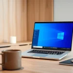Nutzen Sie Microsoft Office 2024 Professional Key auf einem stilvollen Arbeitsplatz mit öffnendem Laptop.