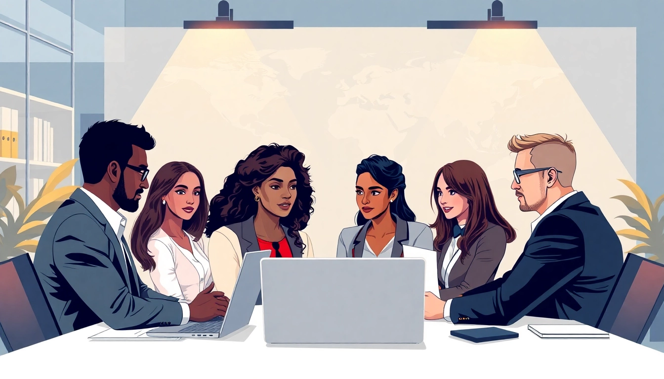 Visualizing a professional executive meeting focused on Headhunter Executive Search, portraying teamwork and global outreach.