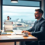 Headhunter Braunschweig bei der Arbeit in einem modernen Büro mit Laptop und Akten.