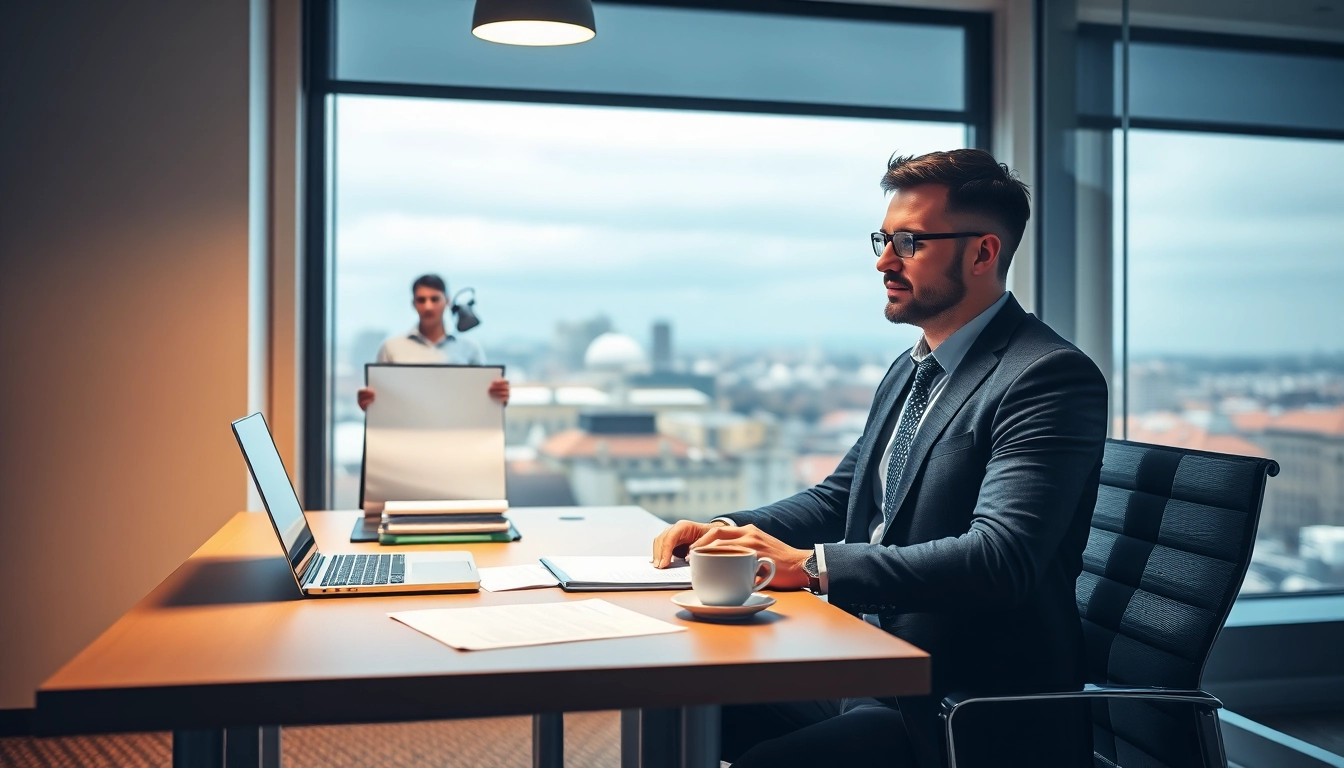Headhunter Braunschweig bei der Arbeit in einem modernen Büro mit Laptop und Akten.