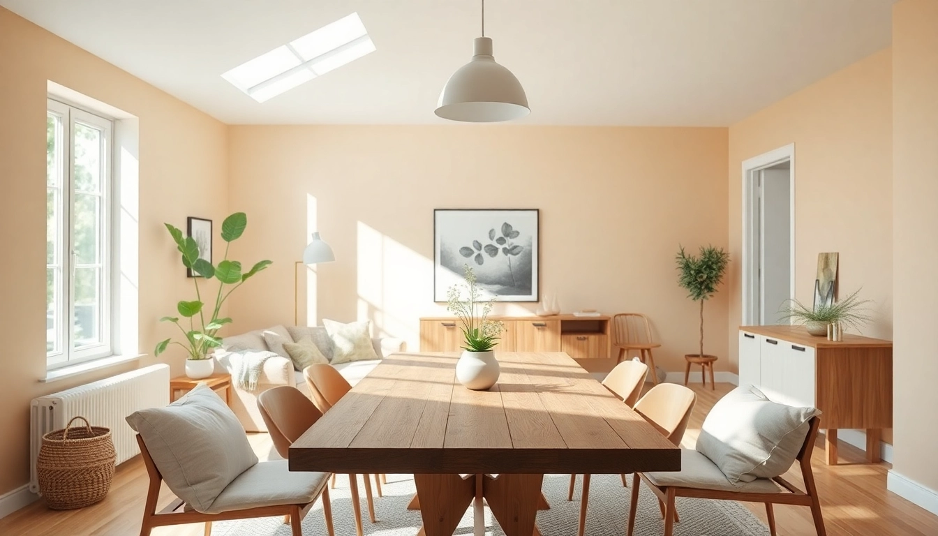 Raumgestaltung eines modernen Wohnraums mit natürlichen Lichtquellen und harmonischer Farbpalette, die Gemütlichkeit ausstrahlt.