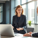 Headhunter discussing with a client in a modern office setting, showcasing professionalism and engagement.