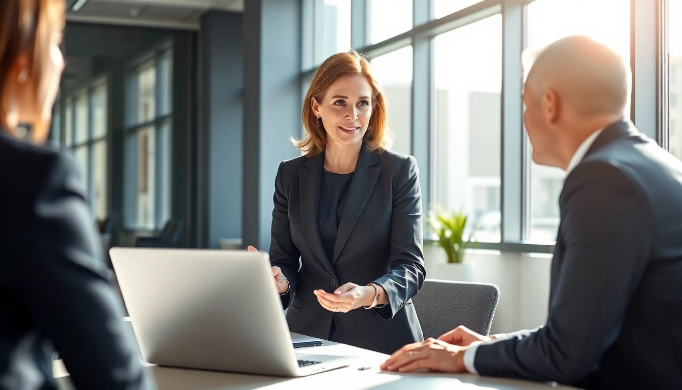 Headhunter discussing with a client in a modern office setting, showcasing professionalism and engagement.