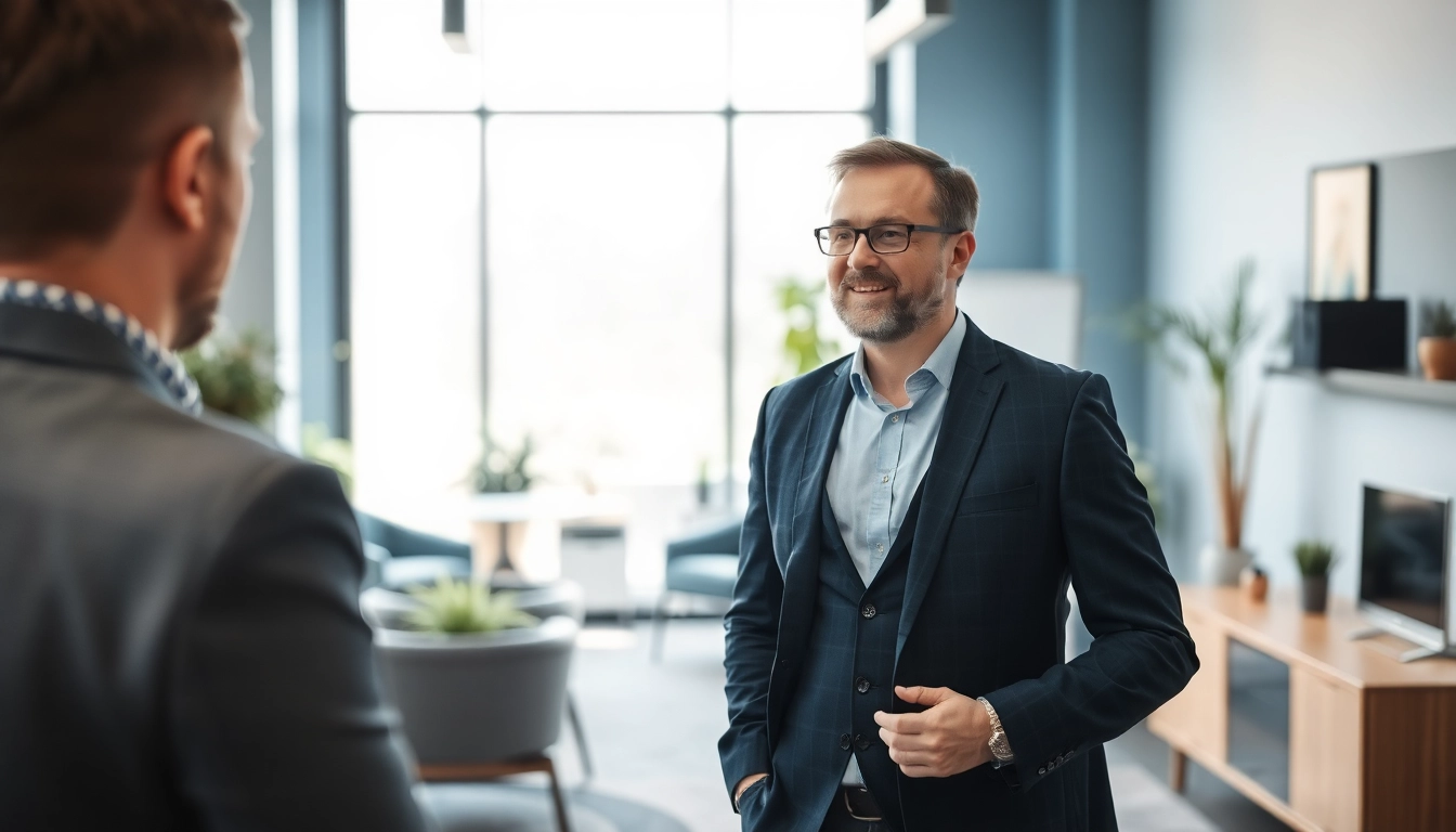 Headhunter Saarbrücken im Gespräch mit einem Unternehmensvertreter in einem modernen Büro.