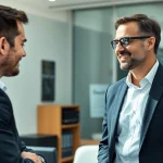 Headhunter Oberhausen im Gespräch mit einem Kandidaten in einem modernen Büro, strahlend und professionell.
