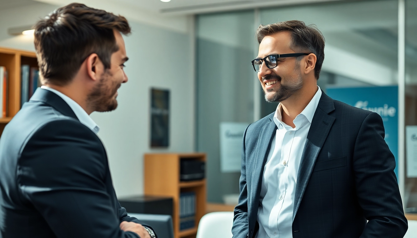 Headhunter Oberhausen im Gespräch mit einem Kandidaten in einem modernen Büro, strahlend und professionell.