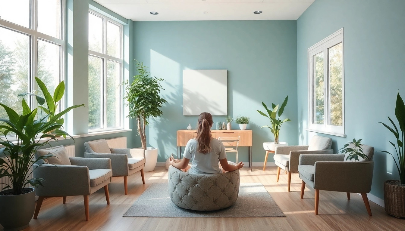 Suchttherapie Raum mit beruhigenden Farben und angenehmer Atmosphäre für verschiedene Therapiemethoden.
