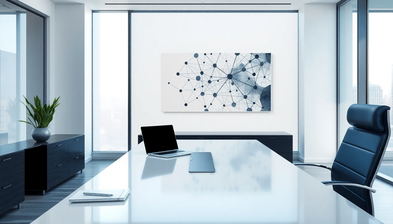 Headhunter Berlin in a modern office setting, showcasing a sleek desk, laptop, and networking themes.