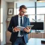 Professioneller Headhunter Führungskräfte analysiert Lebenslauf in modernem Büro mit warmem Licht und eleganter Einrichtung.