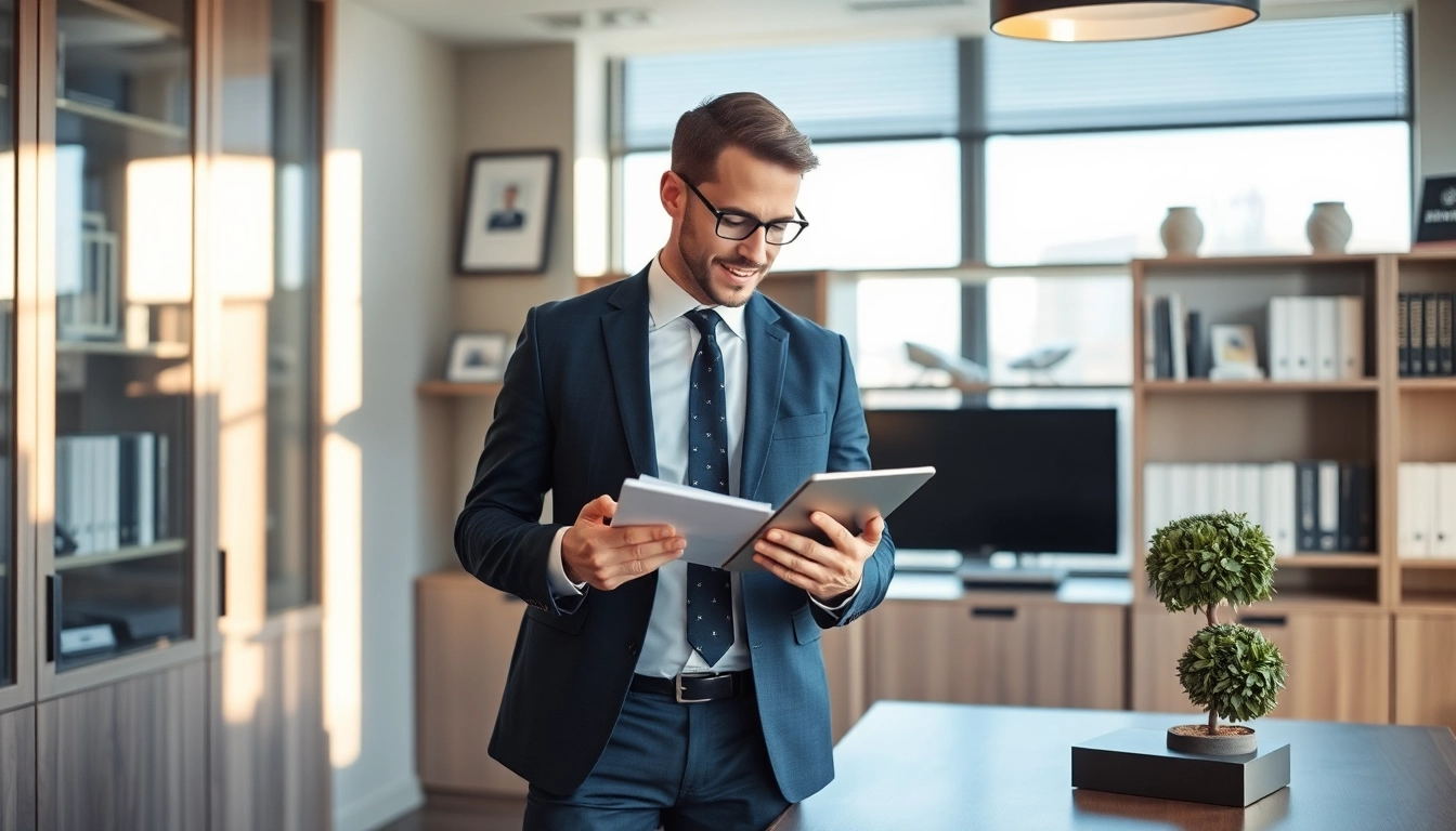 Professioneller Headhunter Führungskräfte analysiert Lebenslauf in modernem Büro mit warmem Licht und eleganter Einrichtung.