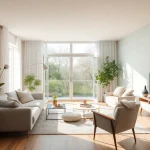 Innovative Raumgestaltung mit einem einladenden Wohnzimmer, das in sanften Pastellfarben und stilvollen Möbeln gestaltet ist.