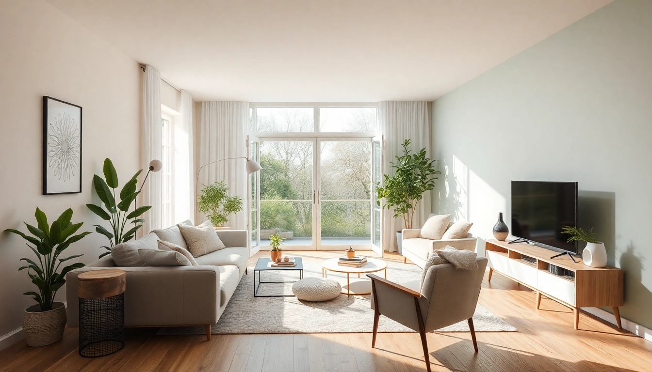 Innovative Raumgestaltung mit einem einladenden Wohnzimmer, das in sanften Pastellfarben und stilvollen Möbeln gestaltet ist.