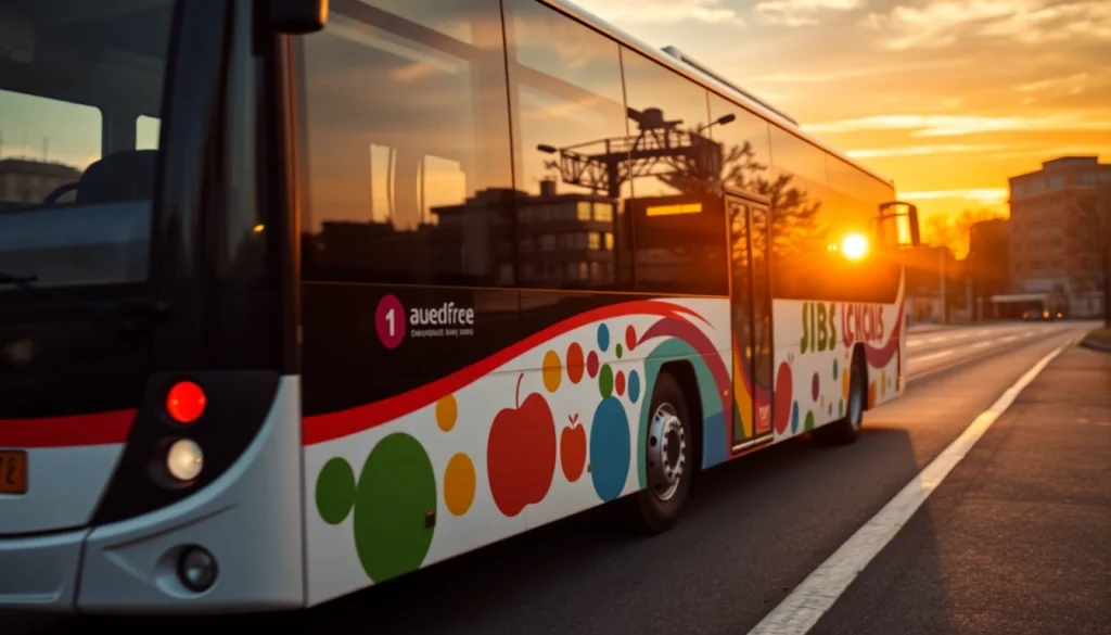 bus bestickeren: Profilansicht eines kreativ bestickerten Busses in urbaner Umgebung.