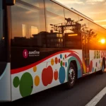bus bestickeren: Profilansicht eines kreativ bestickerten Busses in urbaner Umgebung.
