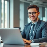 Virtueller Executive Assistenten bei der Arbeit in einem stilvollen Büro, organisiert am Laptop.