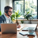 Headhunter IT in moderner Büroumgebung beim telefonischen Recruiting.