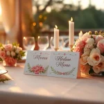 Ein eleganter Hochzeitstisch mit stilvollen Hochzeitskarten, romantischen Blumen und sanfter Beleuchtung.