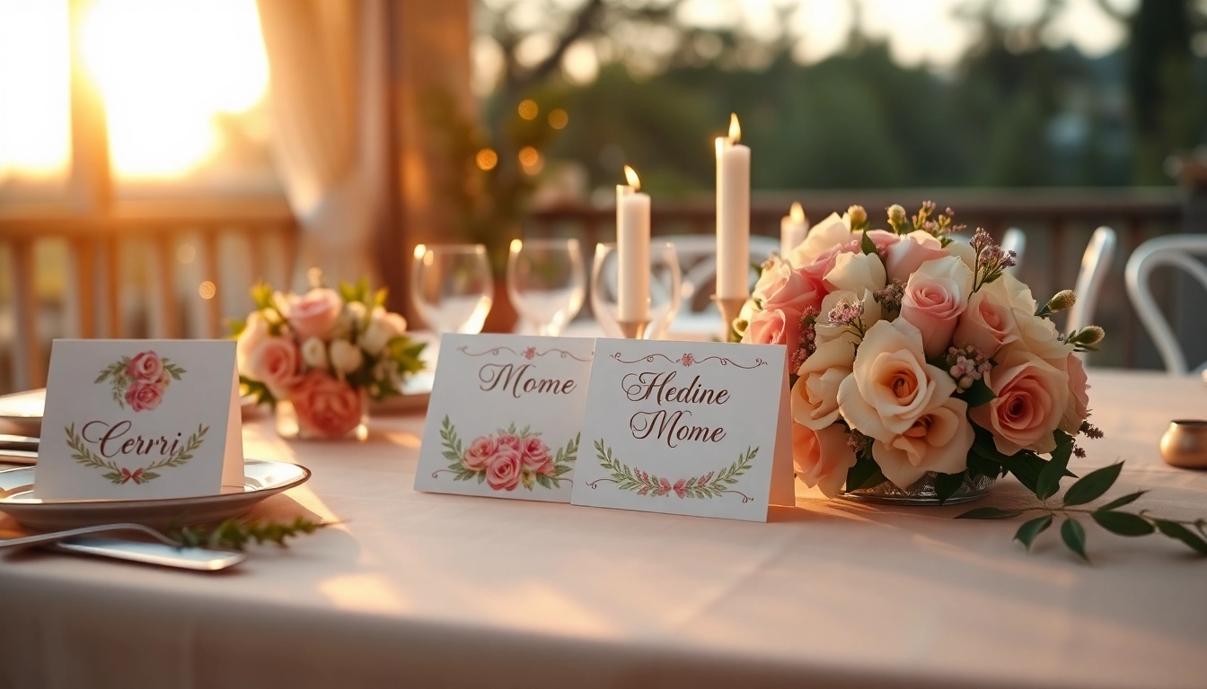 Ein eleganter Hochzeitstisch mit stilvollen Hochzeitskarten, romantischen Blumen und sanfter Beleuchtung.