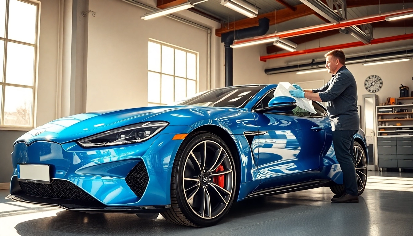 PPF München: Fachmann bringt hochwertige Lackschutzfolie an einem Sportwagen in einer modernen Werkstatt an.