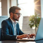 Headhunter IT arbeitet konzentriert mit Laptop in modernem Büro.