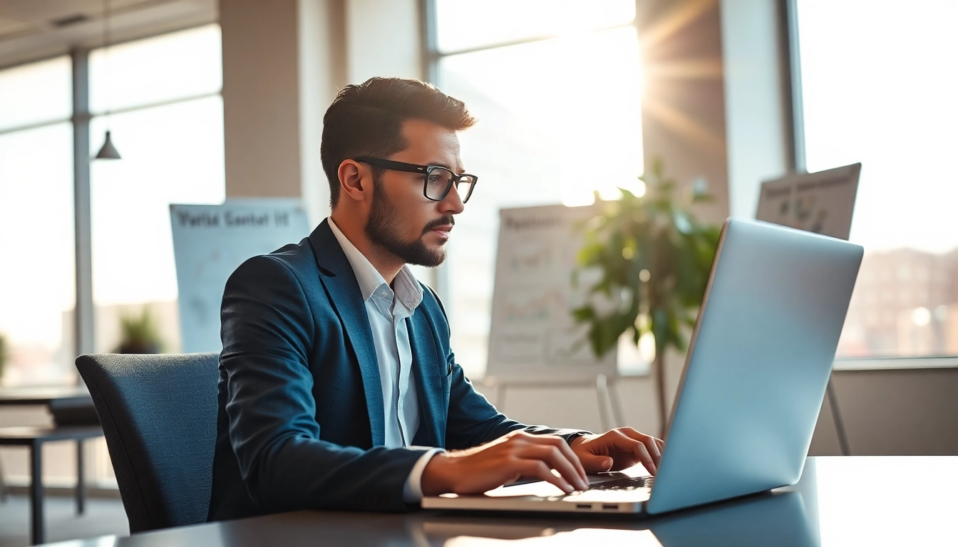 Headhunter IT arbeitet konzentriert mit Laptop in modernem Büro.