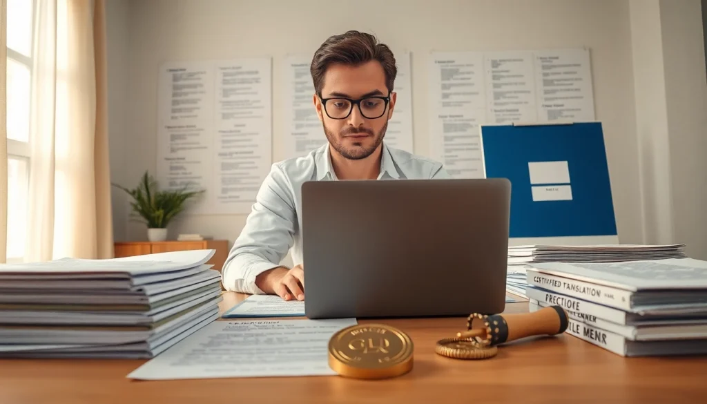 Arbeitsbereich für beglaubigte Übersetzungen, der Beglaubigungsprozesse mit professionellen Dokumenten zeigt