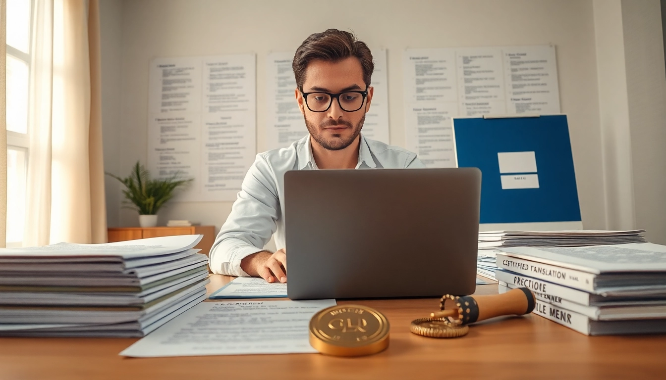 Arbeitsbereich für beglaubigte Übersetzungen, der Beglaubigungsprozesse mit professionellen Dokumenten zeigt