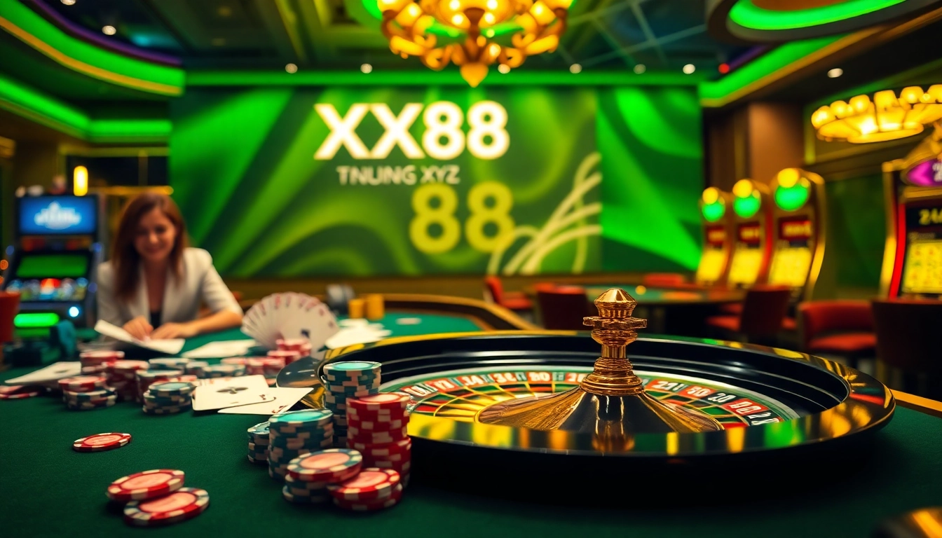 A dynamic gambling scene with players enjoying various games at XX88.XYZ casino.