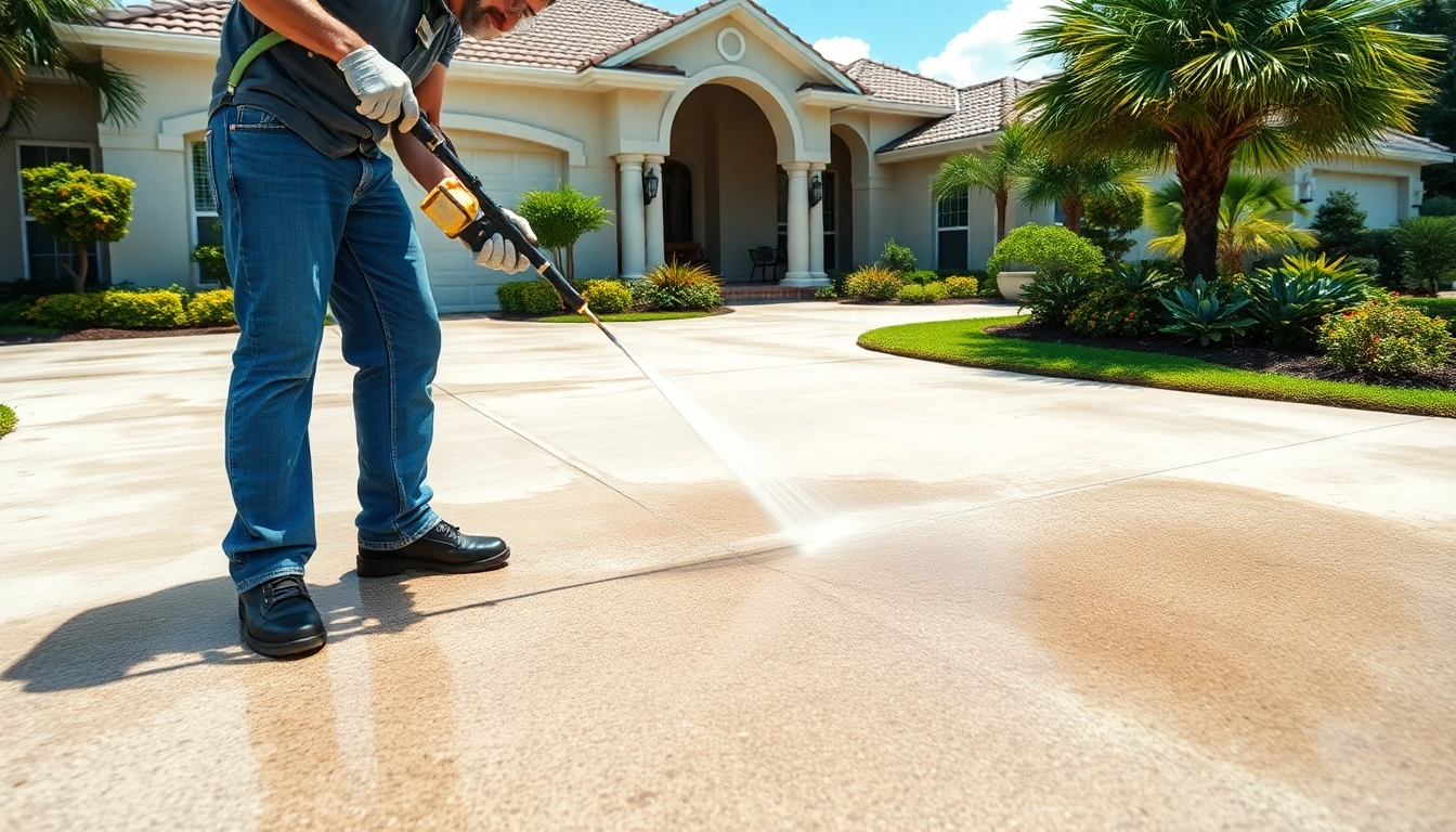 Concrete cleaning in Kissimmee, FL, showcasing a technician removing grime with a pressure washer.