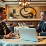 Professioneller Headhunter Gastronomie im Gespräch mit einem Restaurantleiter in einem eleganten Ambiente.