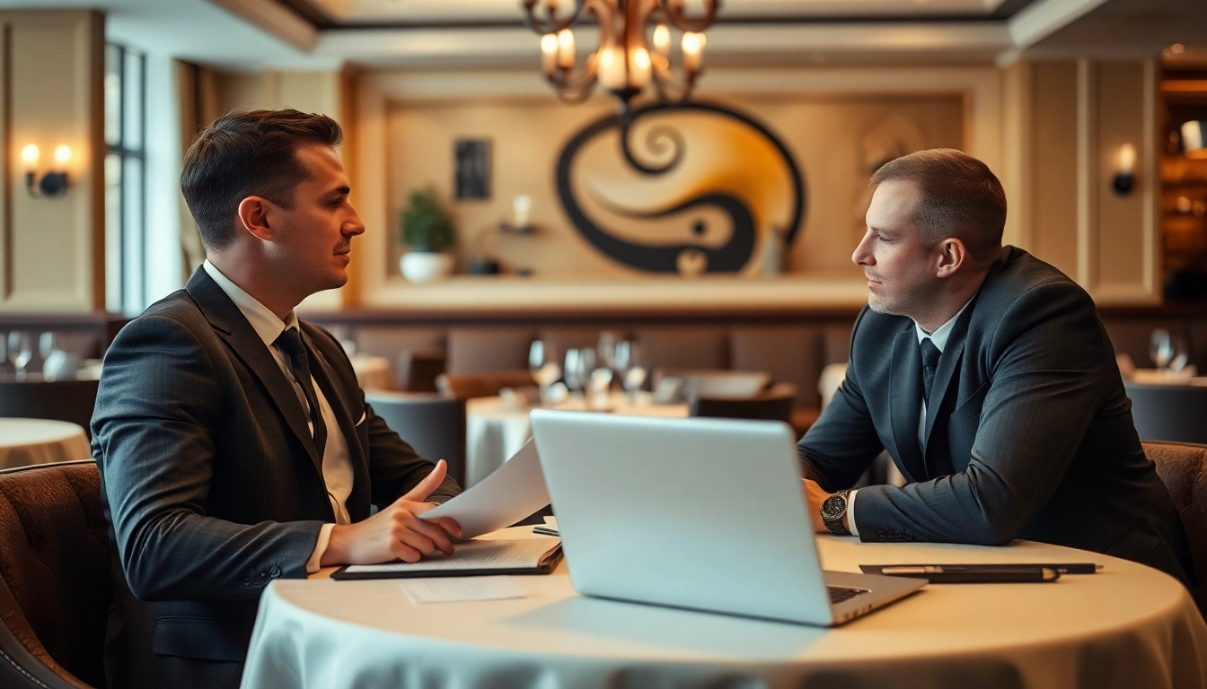 Professioneller Headhunter Gastronomie im Gespräch mit einem Restaurantleiter in einem eleganten Ambiente.