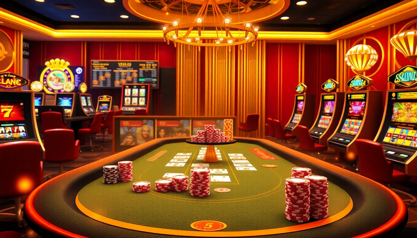 Experience the excitement of online gaming at https://f168.today/ with vibrant casino visuals featuring poker tables and colorful chips.