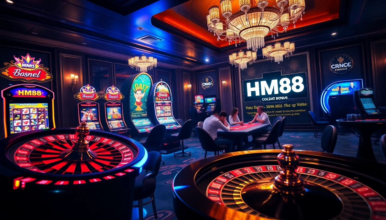 HM88 gaming experience with players enjoying roulette and poker amidst vibrant casino lights.