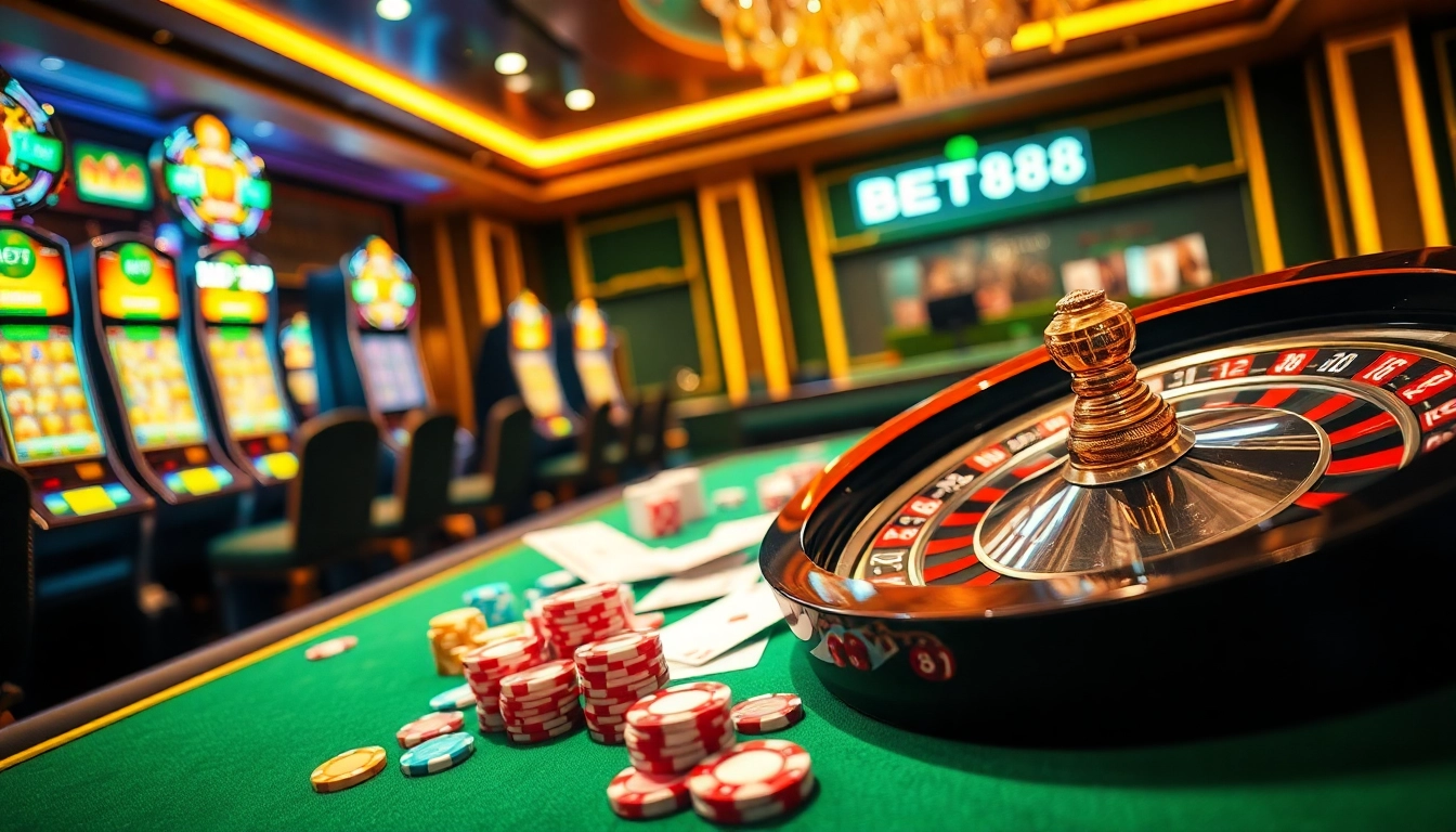Experience the thrill of BET88 live casino betting with vibrant poker chips and roulette.