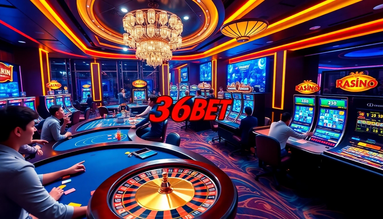 Exciting gaming scene featuring Nhà cái 368BET, showcasing slot machines and poker games.