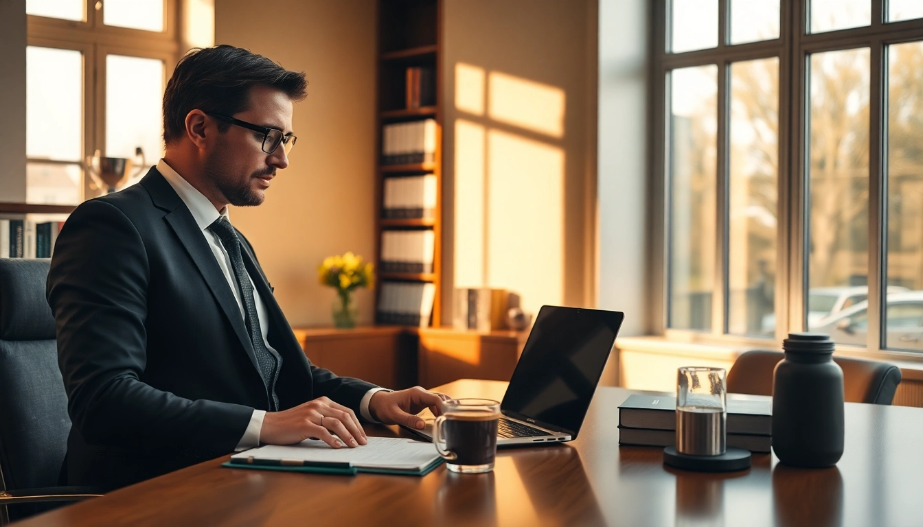 Headhunter Gastronomie bei der Arbeit in elegantem Büro, umgeben von Büchern über Personalmanagement.