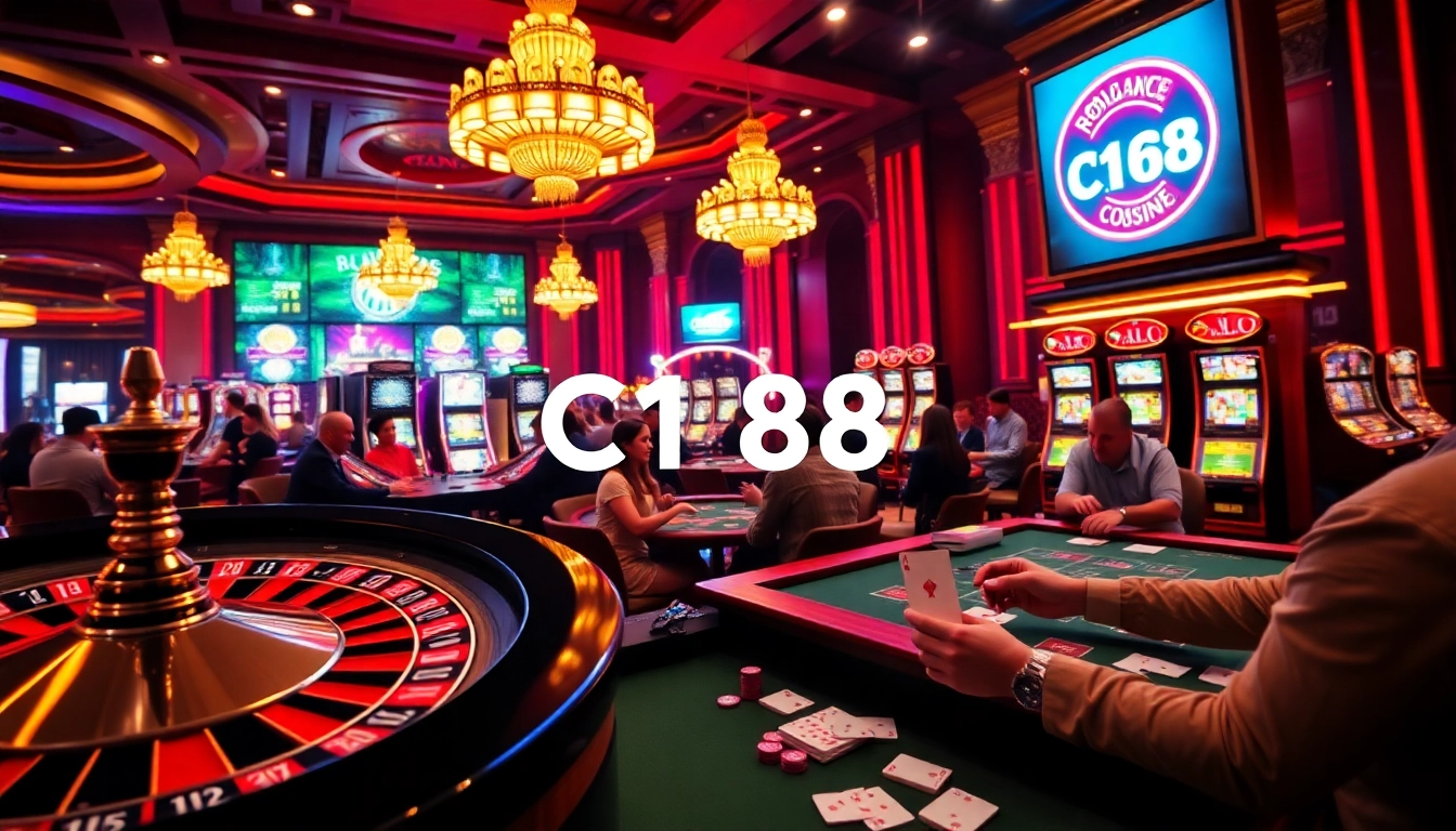 Experience the thrill of winning at C168's vibrant online casino with players enjoying poker, roulette, and slots.