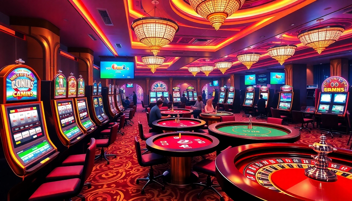 VM88 players enjoying a luxury online gambling experience with vibrant slot machines and poker tables.