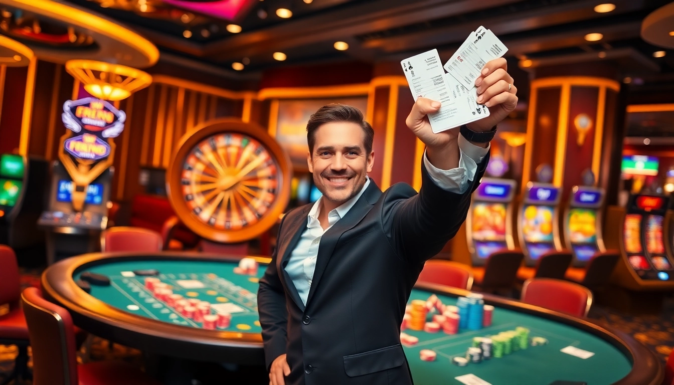 F168 player winning at a vibrant casino table with poker chips and cards.