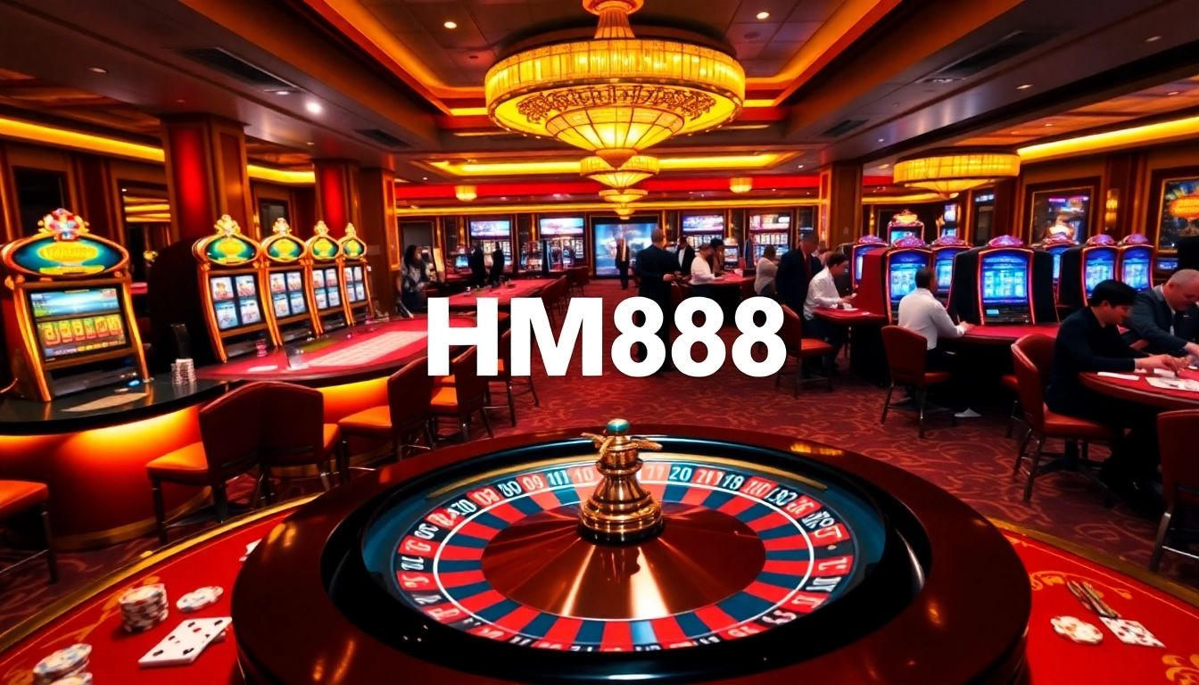 HM88 logo shines amid a luxurious casino environment with players engaging at tables.