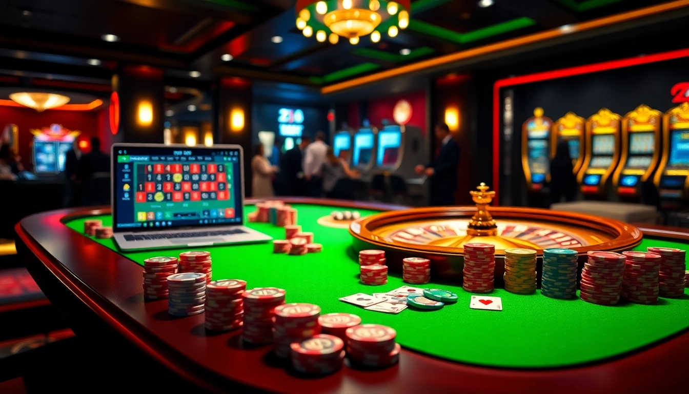 Gambling at Nhà cái ZB368 with vibrant casino tables, chips, and an online betting display.