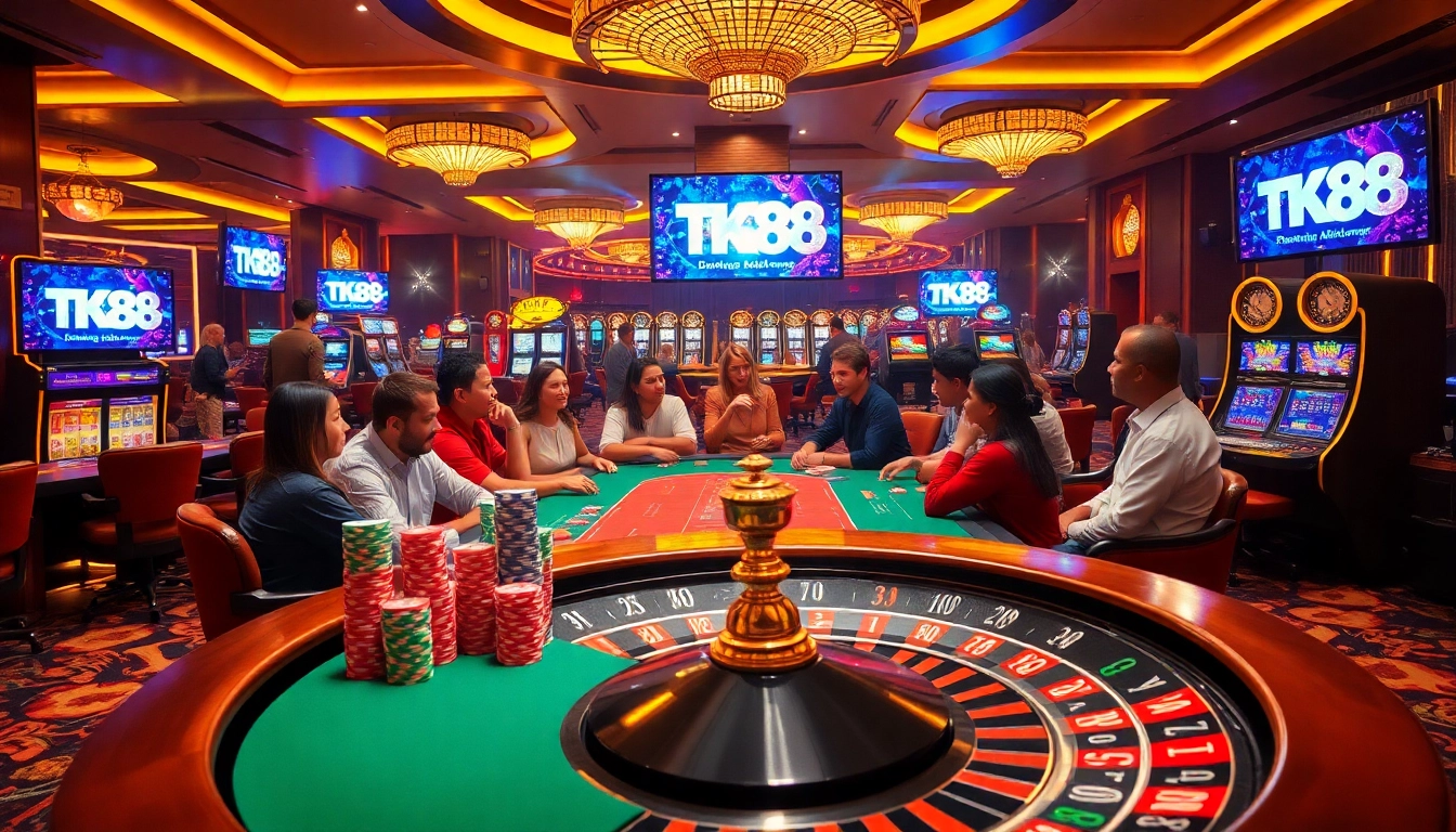 Engaged players at a TK88 casino poker table celebrating a win with vibrant chips.