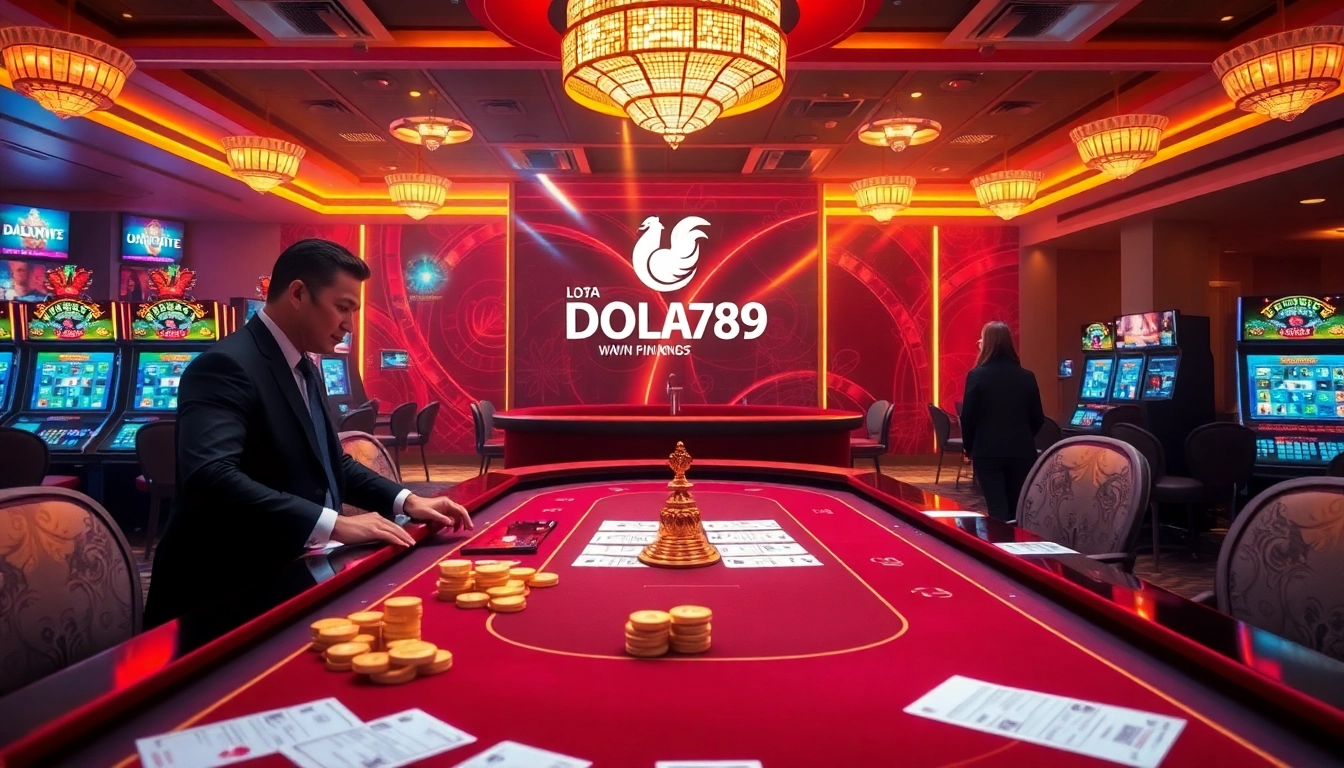 Experience the excitement of Nhà cái DOLA789 in a vibrant casino setting with dealers, gaming tables, and slot machines.