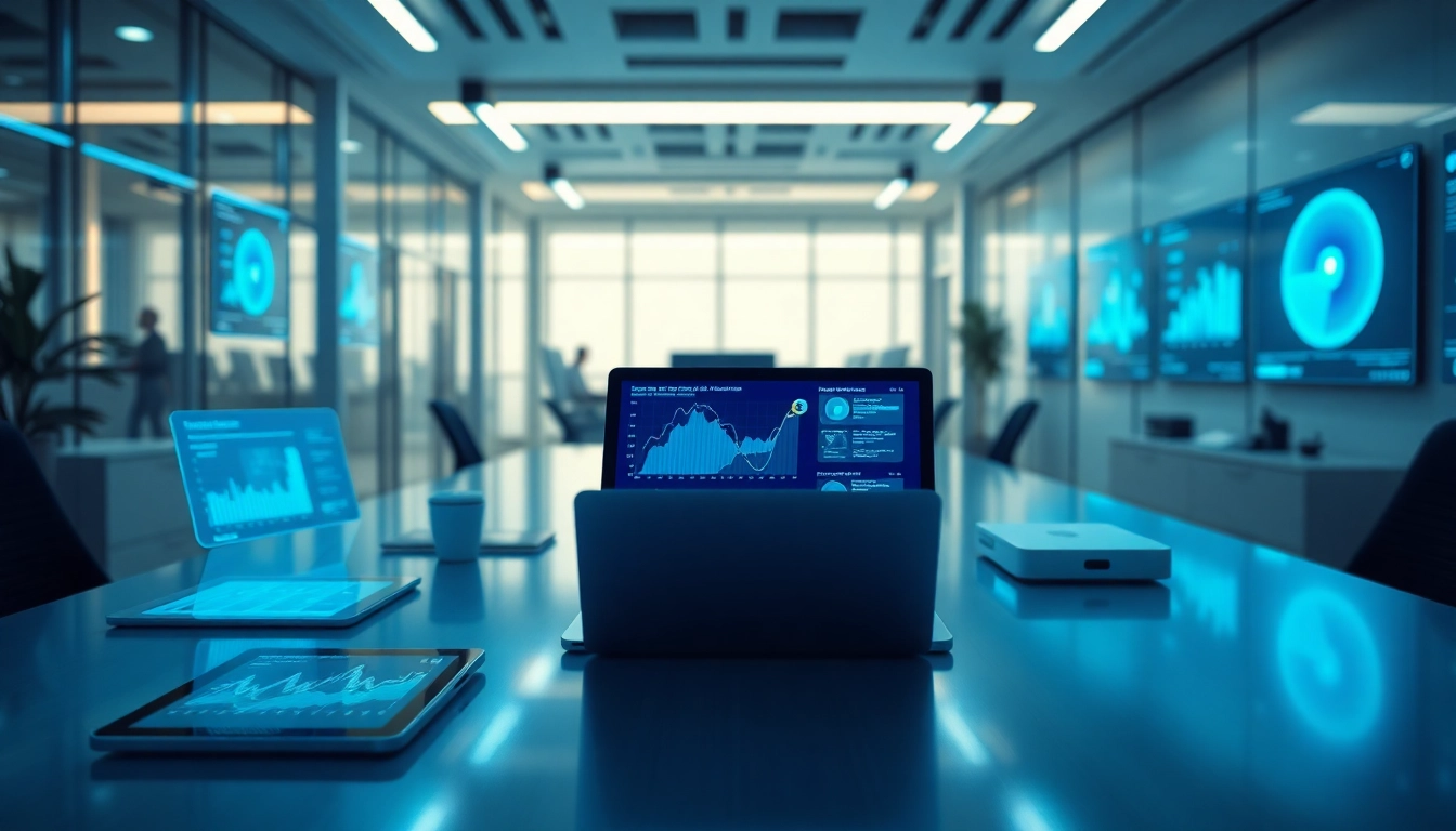 Technologie Arbeitsbereich mit futuristischen Technologien und Datenanzeige.