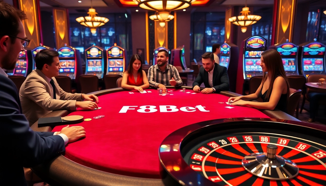 Experience F8Bet gameplay at a luxurious casino table with vibrant chips and cards.