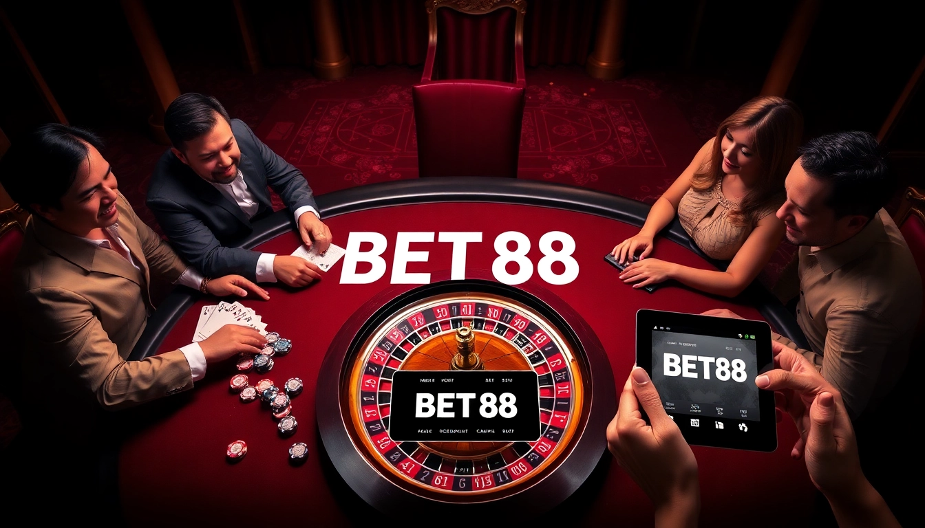 Experience the thrilling ambiance of BET88 casino with a vibrant roulette wheel and poker chips.